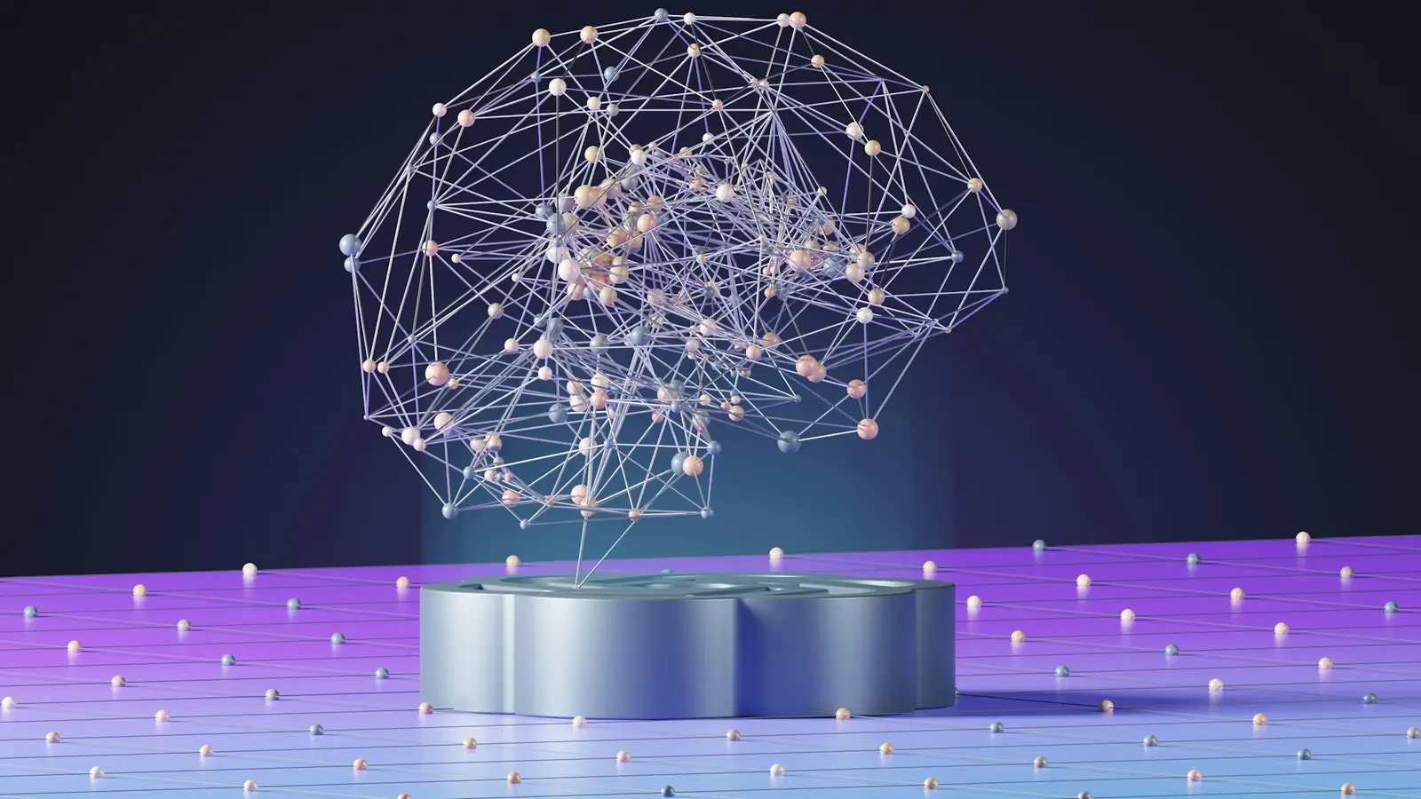 Brain-shaped network of dots and lines representing AI